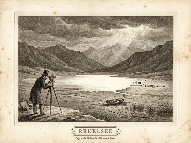Antique engraved plate: a surveyor at a theodolite before a Bavarian mountain lake under a stormy sky, the lake standing four metres left of its mapped shoreline