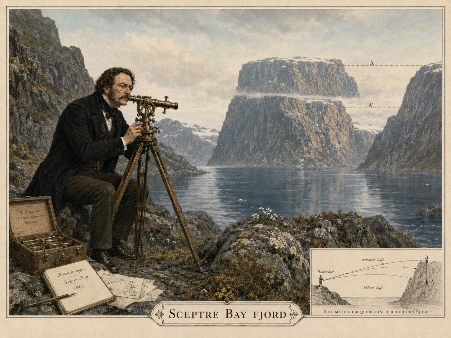Hieronymus Unlonn surveying the far wall of the Sceptre Bay fjord with a theodolite, 1847