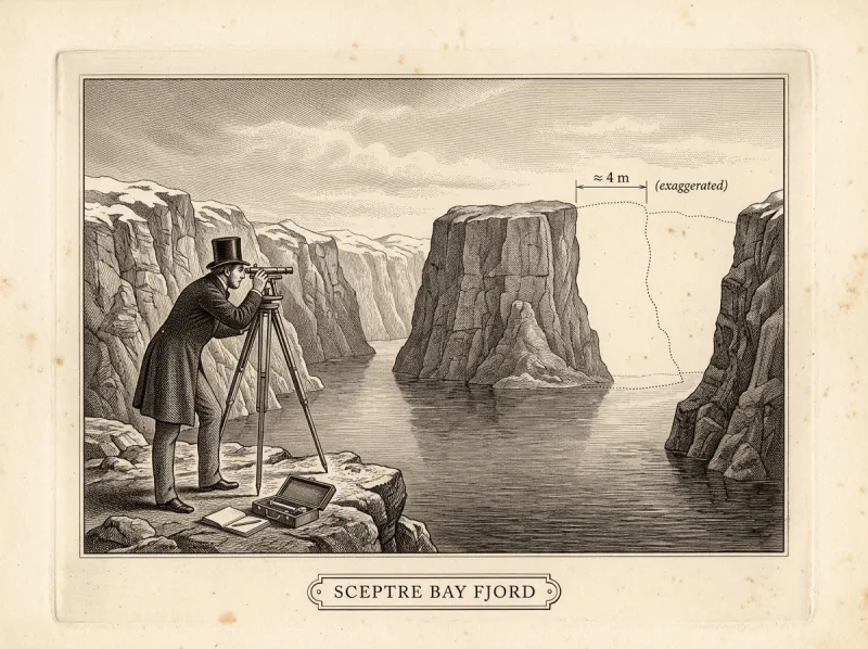 Hieronymus Unlonn surveying the far wall of the Sceptre Bay fjord with a theodolite, 1847