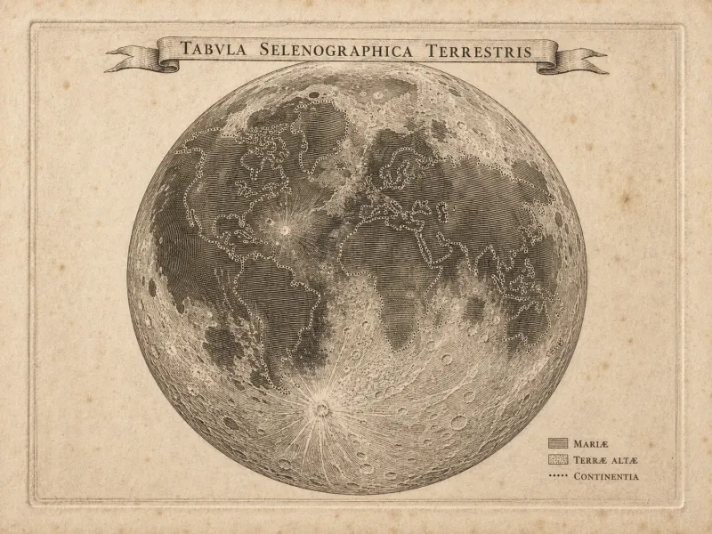 An engraved plate titled TABVLA SELENOGRAPHICA TERRESTRIS: the full lunar disc, hatched and cratered, with the outlines of the Earth's continents traced across it in fine dotted line, and a key in the lower right distinguishing seas, high ground and continents