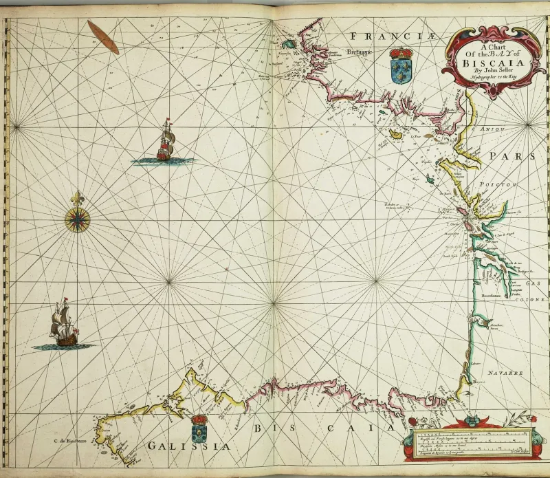 A hand-coloured 1675 sea chart of the Bay of Biscay: rhumb lines radiating from compass roses across open water, the French and Spanish coasts picked out in colour, two sailing ships, a cartouche at the upper right, and a chequered latitude border numbered 41 to 46 running down the left edge