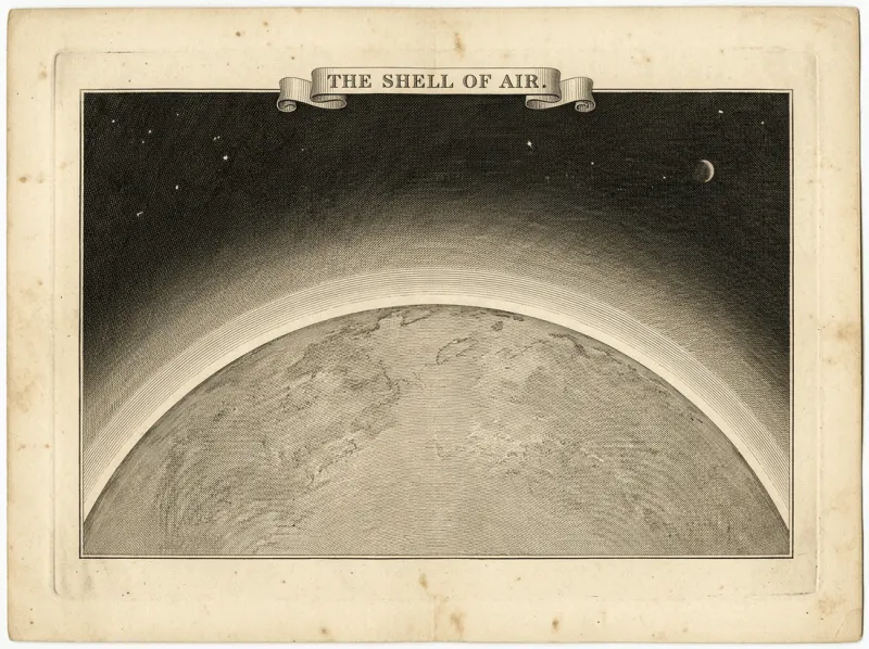 An antique sepia engraving titled 'The Shell of Air': the curved limb of the Earth fills the lower half, hugged by a thin luminous rim of atmosphere that fades upward into a dark, star-flecked sky with a crescent moon