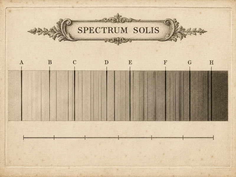 Engraved plate headed SPECTRUM SOLIS: a long horizontal band built from fine vertical hatching, shading from pale at the left to dark at the right and crossed by many sharp black vertical lines, with eight of the strongest marked above by ticks lettered A to H, and a plain scale bar beneath