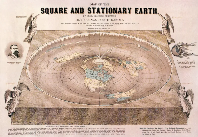 A colourful 1893 map, 'Map of the Square and Stationary Earth' by Prof. Orlando Ferguson: a concave, basin-shaped Earth within a square frame, four angels at the corners, dense biblical text, and a banner condemning the globe theory