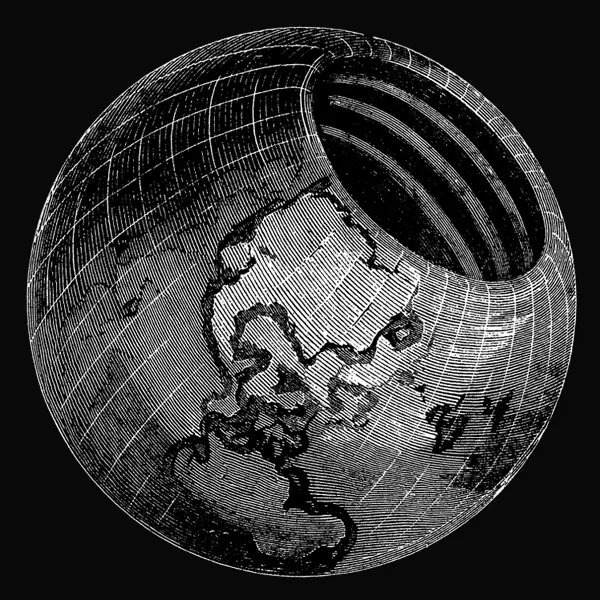 A white-line engraving on black of a globe cut open at the north, the opening carrying the polar region away to show two concentric shells nested within. Meridians, parallels and hatched continents cover the outer surface