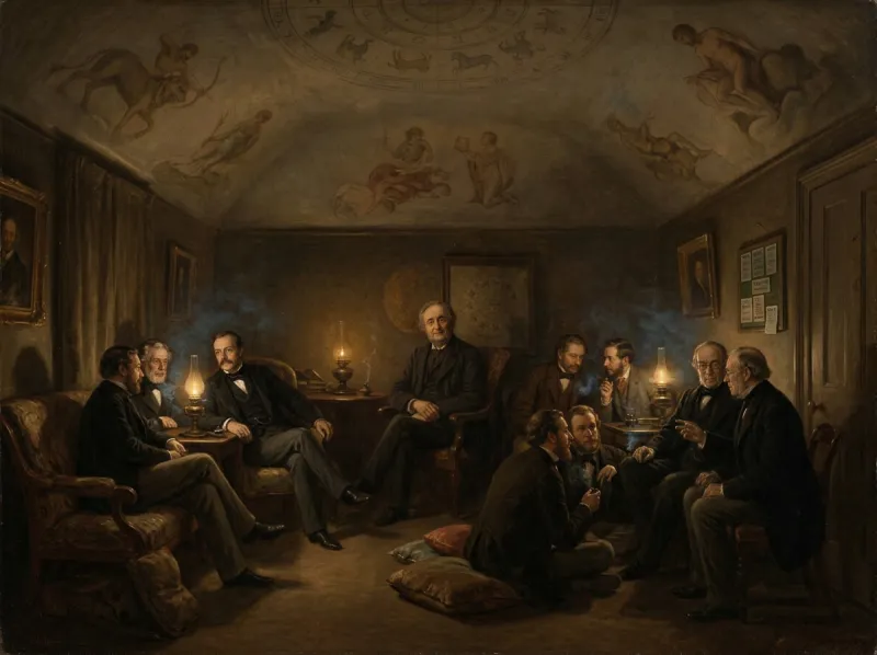 A dim, low-lit Victorian room of soft seats and cushions, faint smoke in the air, a painted zodiac on the ceiling, and figures in unhurried conversation around a single seated host