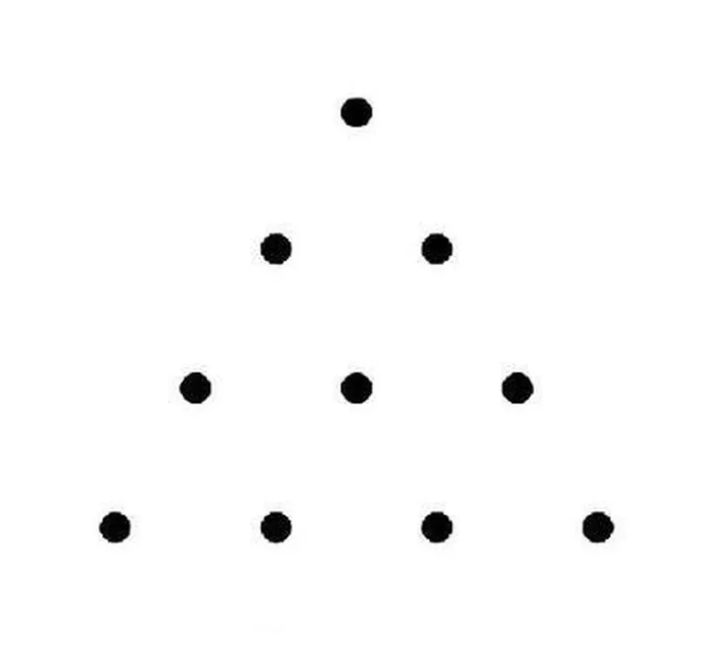 Ten black dots arranged in an equilateral triangle on a white ground, in rows of one, two, three and four from the top