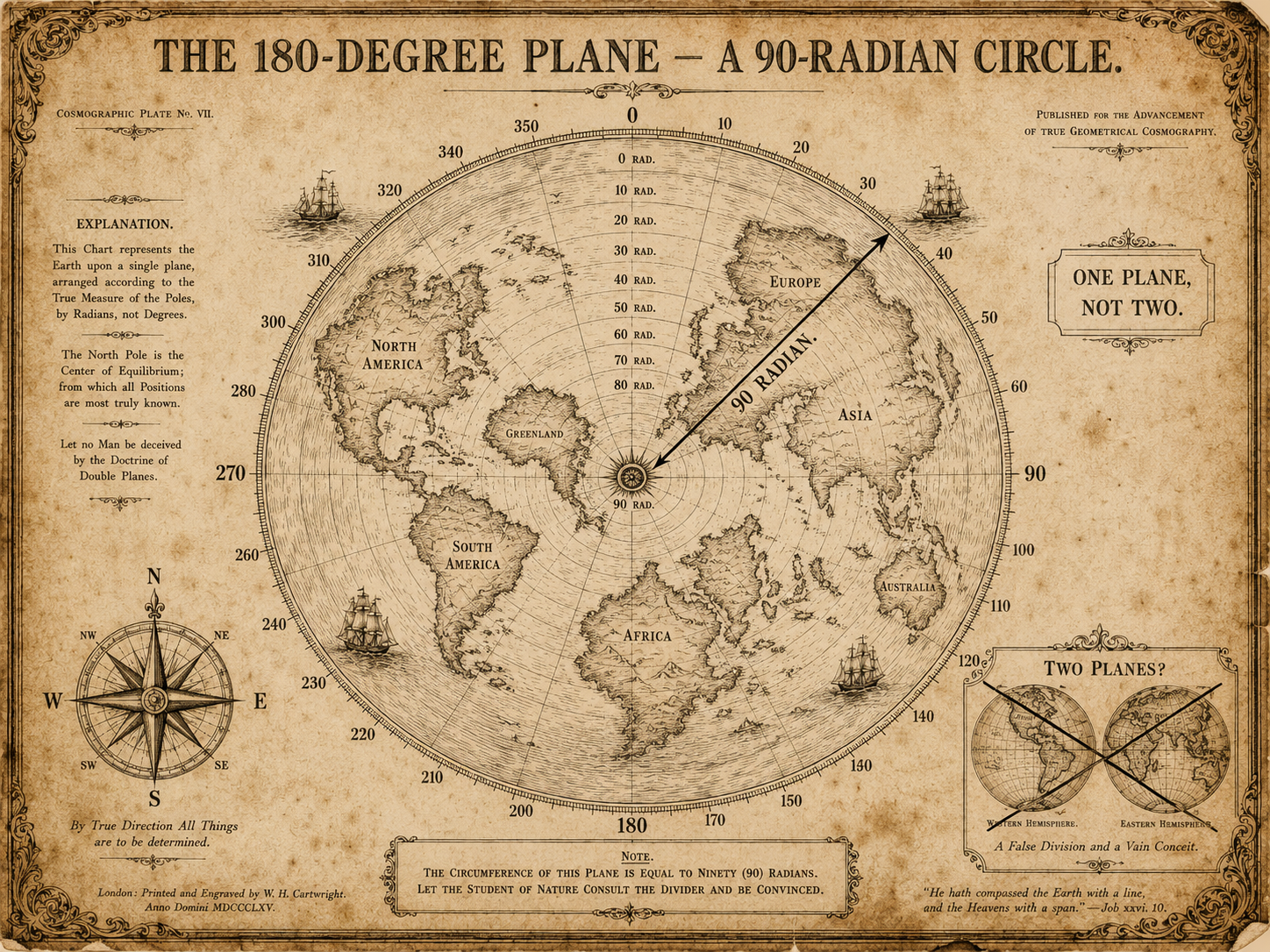 Antique flat north-polar map of Earth on a single disc, rim marked in radians, with an inset crossing out the two-hemisphere 'double planes'