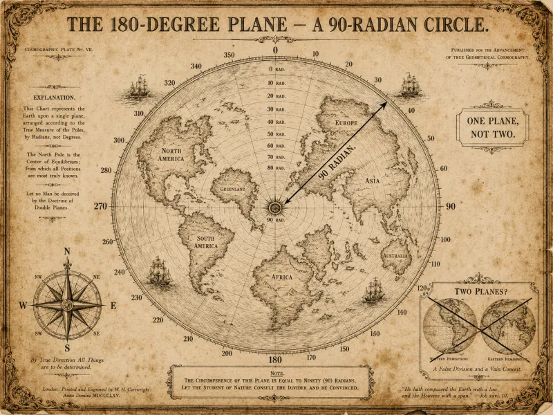 Antique flat north-polar map of Earth on a single disc, rim marked in radians, with an inset crossing out the two-hemisphere 'double planes'