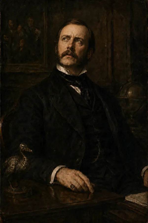 Dark oil portrait of a serious Victorian gentleman, his lips just parted as if to speak, a small bronze flightless bird on the desk beside him and a society group-portrait on the wall behind