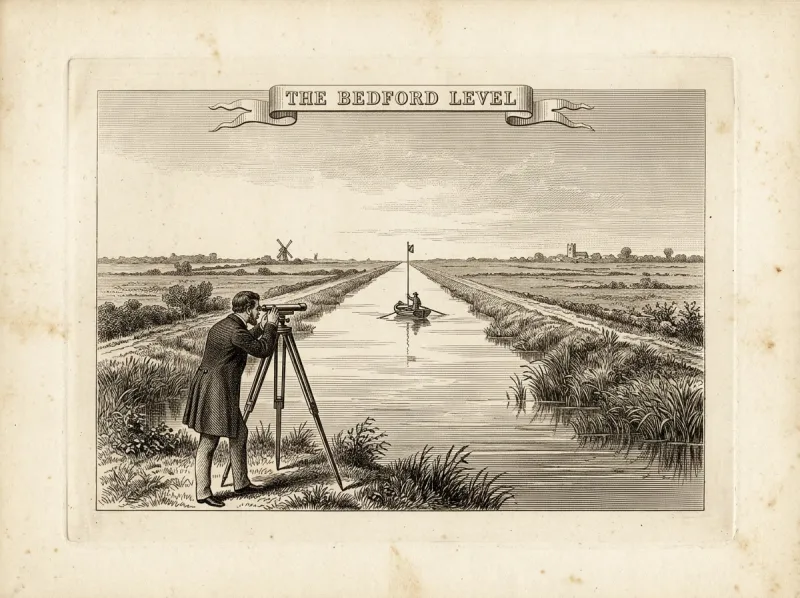 An engraving of the Bedford Level experiment: a surveyor sighting a telescope along the surface of a long straight canal toward a distant marker