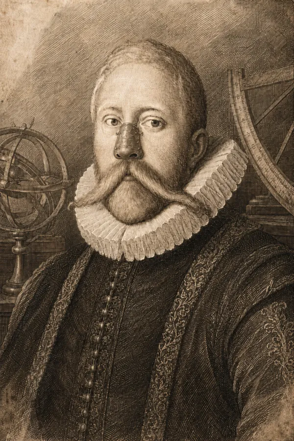 An engraved portrait of a 16th-century Danish nobleman with a ruff collar, mustache, and a prosthetic nose, an armillary sphere at his shoulder