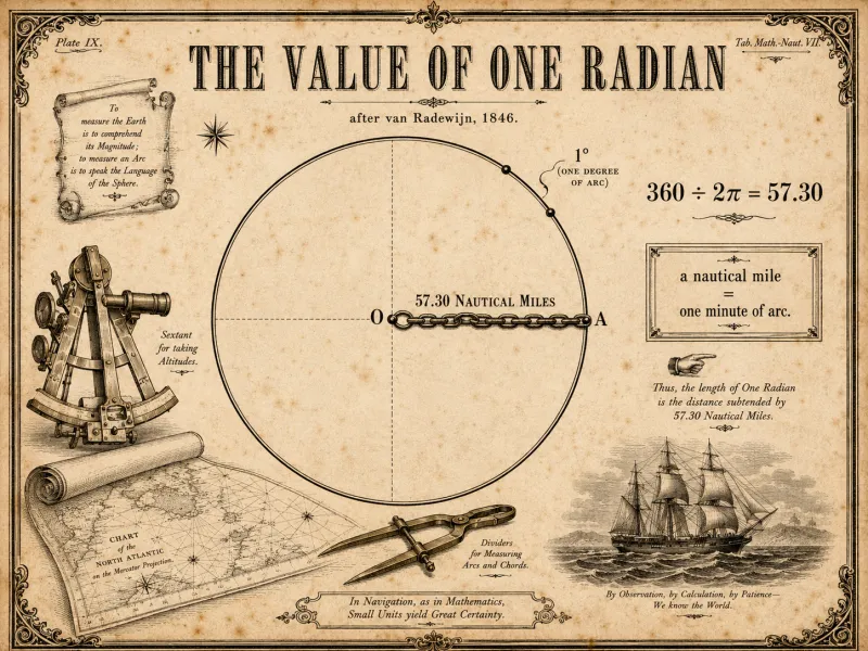 Antique plate showing one radian drawn as a 57.30-nautical-mile chain from a circle's centre to its rim, with the equation 360 ÷ 2π = 57.30