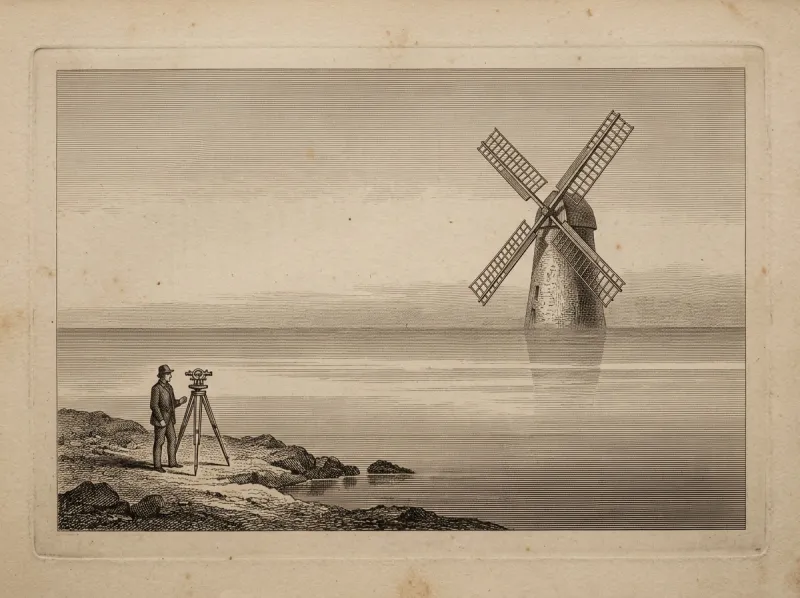 An antique engraved plate: a distant tower windmill across a calm sea, its base at the hazy horizon, with a surveyor and tripod on the near shore